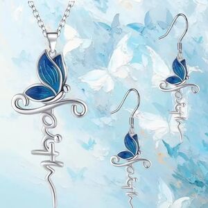 NWOT 3pcs Blue Butterfly Necklace And Earrings Set, Birthday And Christmas Gifts